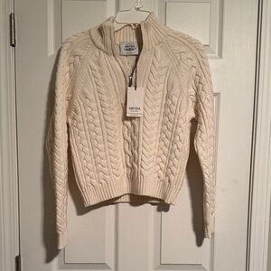 Aritzia Heritage Knit Merino Wool Quarter Zip Sweater, Seaside Cream, Small, New